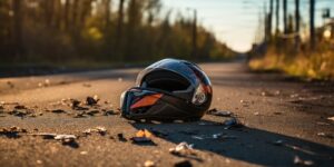 Photo of helmet and motorcycle on road, the concept of road accidents. Generative AI