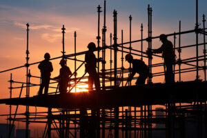 Silhouette of construction workers working on scaffolding at sunset.